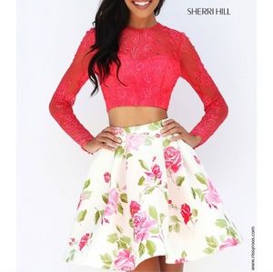 Sherri Hill Pink Crop top Floral Skirt Proms Dress